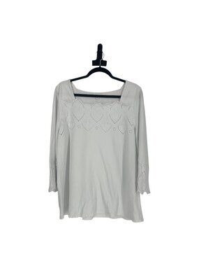 J Jill Eyelet Embroidered Top Large White Cotton 3/4 Sleeve Knit Minimalist Boho